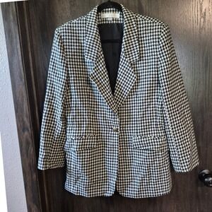 The Limited Vintage Houndstooth Wool Blend Blazer Black White Crest Button M